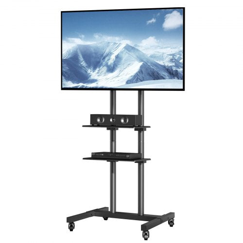 A height-adjustable mobile TV stand with wheels for 32-70 inch TVs, featuring shelves and a snowy mountain display.