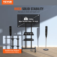 Mobile TV stand with double poles, adjustable height, wheels, and shelf for 32-70 inch TVs.