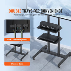 Mobile TV stand with adjustable height, wheels, double trays, and cable management for 32-70 inch screens.