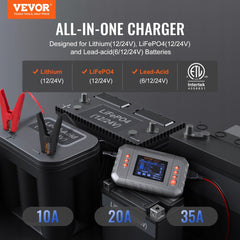 Bostome 35-Amp Smart Battery Charger with LCD display for LiFePO4 and lead-acid batteries.