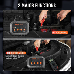Bostome 8-Amp Smart Battery Charger with clamps, compact design, and fan cooling feature.