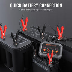 Bostome 8-Amp Smart Battery Charger with clamps, compact design, and fan cooling features.