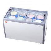 White commercial ice cream display freezer with sliding glass doors and eight colorful tubs.