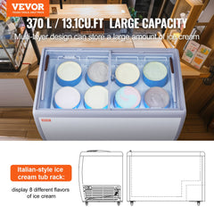 White commercial ice cream display freezer with sliding doors, 13.1 cu.ft capacity, and multi-layer tub racks.