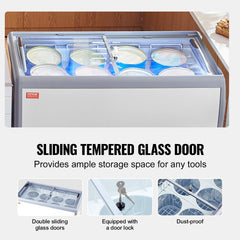 White commercial ice cream display freezer with sliding tempered glass doors, lock, and dust-proof features.