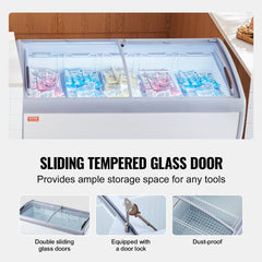 Commercial ice cream display freezer with sliding glass doors and LED lighting for visibility.
