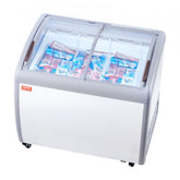 Commercial ice cream display freezer with sliding glass top and three display baskets.