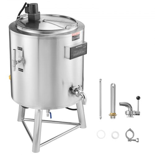 Stainless steel 100L commercial milk pasteurizer with digital controls and detachable parts.