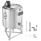 Stainless steel 100L commercial milk pasteurizer with digital controls and detachable parts.
