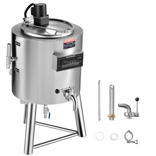 Stainless steel 50L commercial milk pasteurizer with digital controls and stand.