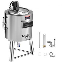 Stainless steel 50L commercial milk pasteurizer with digital controls and stand.