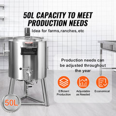Stainless steel 50L commercial milk pasteurizer with digital controls and stand.