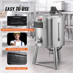 Stainless steel 50L commercial milk pasteurizer with digital control panel and stand.