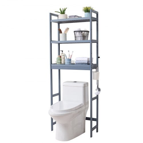 Bostome 3-tier bamboo over-the-toilet storage shelf with adjustable shelves and detachable hooks.