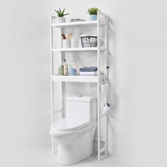 Bostome 3-tier bamboo shelf with adjustable heights for over-the-toilet storage.