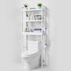 Bamboo 3-tier over-the-toilet storage shelf with adjustable heights and detachable hooks.