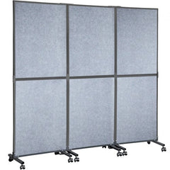 Light gray acoustic room divider with three 72"x66" sound-absorbing panels for privacy.