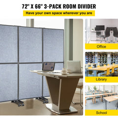 Light gray acoustic room divider with three 72"x66" sound-absorbing panels for privacy.