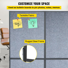 Light gray acoustic room divider with three 72"x66" sound-absorbing panels for privacy.