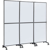 Three-panel cool gray acoustic room divider, 72x66 inches, on wheels with metal frame.