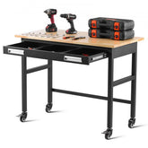 48-inch solid oak workbench on wheels with three drawers and black steel frame.