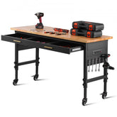 60-inch adjustable height workbench with wooden top, drawers, power outlet, pegboard, and casters.