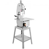 Stainless steel 1800W commercial electric meat bandsaw with precision worktable.