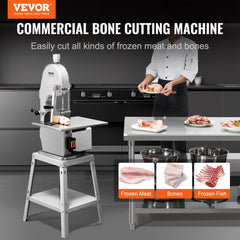Stainless steel 1800W commercial electric meat bandsaw with precision worktable.