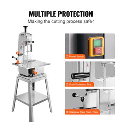 Stainless steel commercial electric meat bandsaw with multiple safety features including power switch, push rod, and pusher plate.