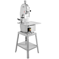Stainless steel 1800W commercial electric meat bandsaw with worktable and safety features.