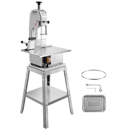 Stainless steel Bostome 850W electric meat bandsaw with a 15 x 19.1-inch worktable.