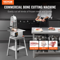 Stainless steel Bostome 850W electric meat bandsaw with adjustable worktable and safety features.