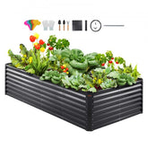 Galvanized metal raised garden bed measuring 94.5 inches for growing vegetables and herbs.