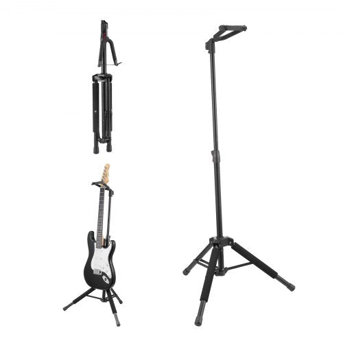 Foldable black tripod guitar stand with adjustable height from 35.4 to 47.2 inches, shown collapsed and holding an electric guitar.
