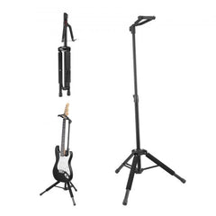 Foldable black tripod guitar stand with adjustable height from 35.4 to 47.2 inches, shown collapsed and holding an electric guitar.