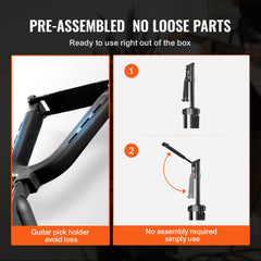 Foldable tripod guitar stand with adjustable height from 35.4 to 47.2 inches and built-in pick holder.