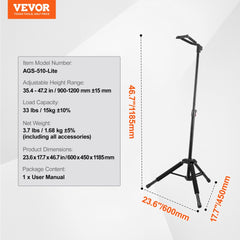 Foldable adjustable tripod guitar stand with height from 35.4 to 47.2 inches.