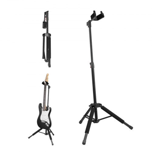 Foldable tripod guitar stand with adjustable height from 35.4 to 47.2 inches and foam padding.