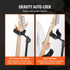 Foldable tripod guitar stand with adjustable height from 35.4 to 47.2 inches and foam padding.