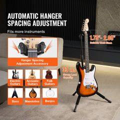 Foldable tripod guitar stand with adjustable height and foam padding for various guitar sizes.