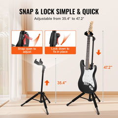 Foldable tripod guitar stand with adjustable height from 35.4 to 47.2 inches and foam padding.
