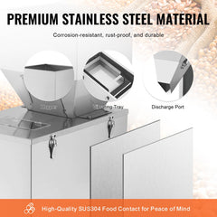 Stainless steel automatic particle filling machine with hopper, vibrating tray, and discharge port.