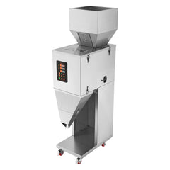 Stainless steel automatic particle filling machine with digital display, hopper, and wheels.
