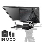 16-inch floor teleprompter with Bluetooth remote, tablet mount, and tripod stand.