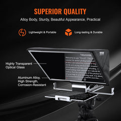 16-inch floor teleprompter with aluminum frame, glass screen, keyboard mount, and tripod stand.