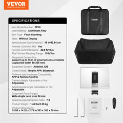 16-inch floor teleprompter with aluminum frame, Bluetooth remote, and carrying bag.