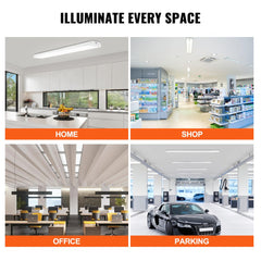 Four 4-foot 50W LED wraparound lights in 6500K daylight, shown installed in home, shop, office, and parking spaces.