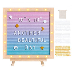 10x10 gradient felt letter board displaying "Another Beautiful Day" with LED lights and 510 letters.
