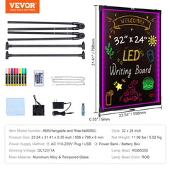 LED message writing board with neon effect, 32"x24", featuring colorful lights and remote control.