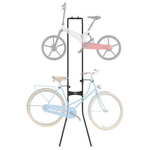 Black adjustable steel vertical wall rack holding two bikes, one blue and one gray.